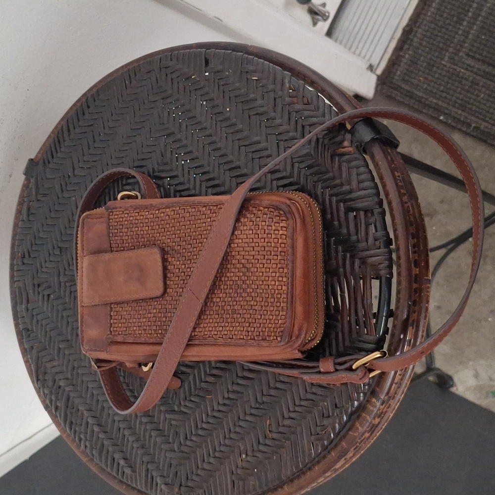 Woven Leather Crossbody Clutch in Brown